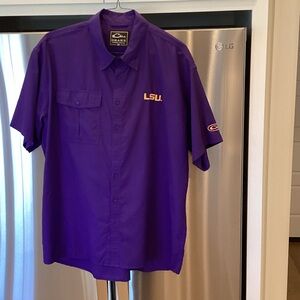 Drake Purple LSU Short-Sleeve Button-Down Shirt with Gold Embroidery